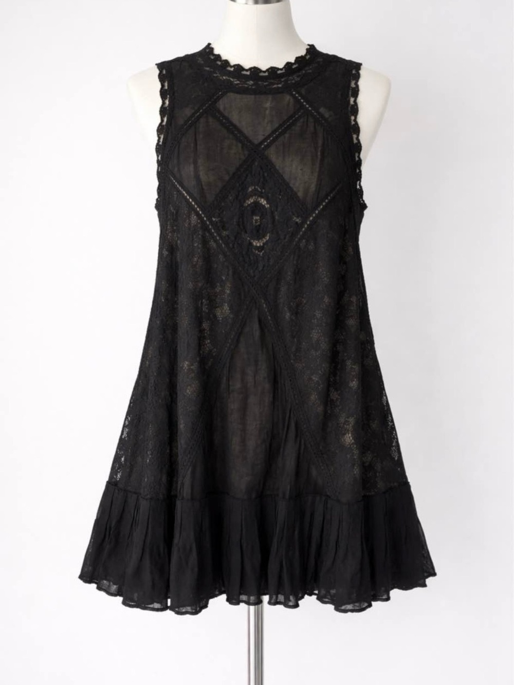 Free People Black Lace Sleeveless Chemise with Sheer Panels